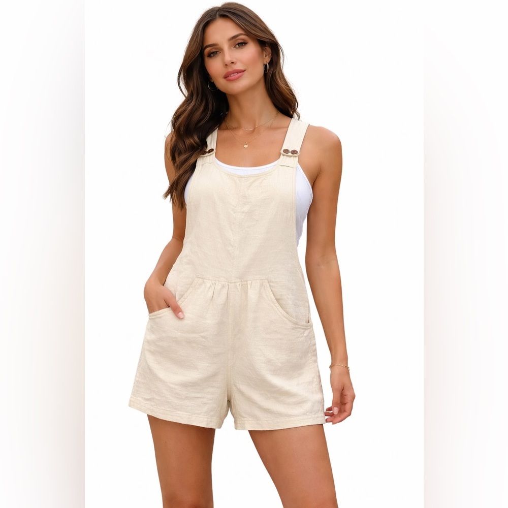 Storia Cream Cotton Romper Shortalls Button Strap Pockets Size S